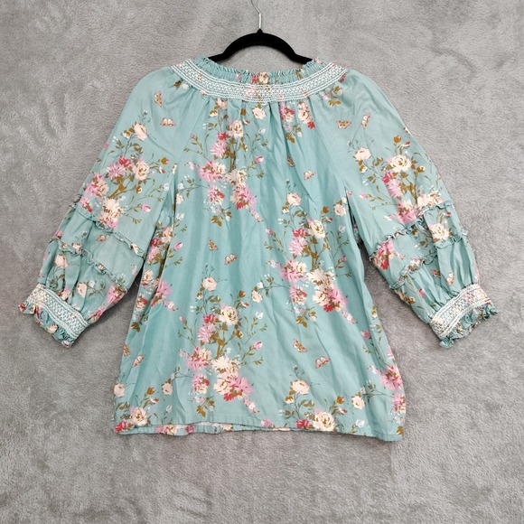 Spartina 449 Top M Boho Floral Smocked Neck Blouson Tiered Sleeve Cottagecore - Picture 2 of 8
